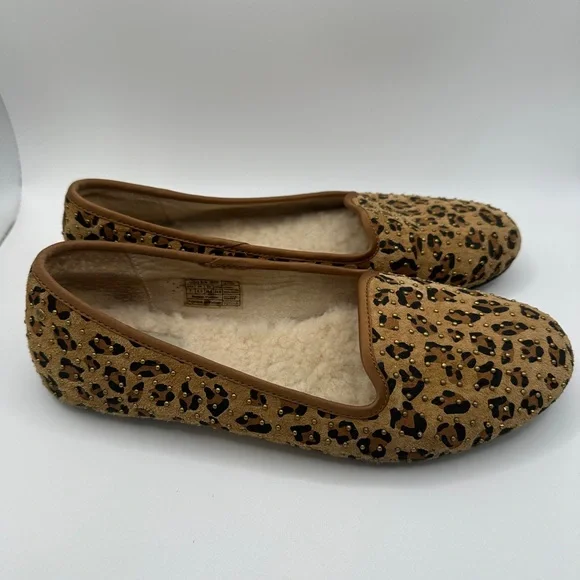 UGG Women's Leopard Print Tan Suede Slip-On Flats with Shearling - Picture 5 of 11